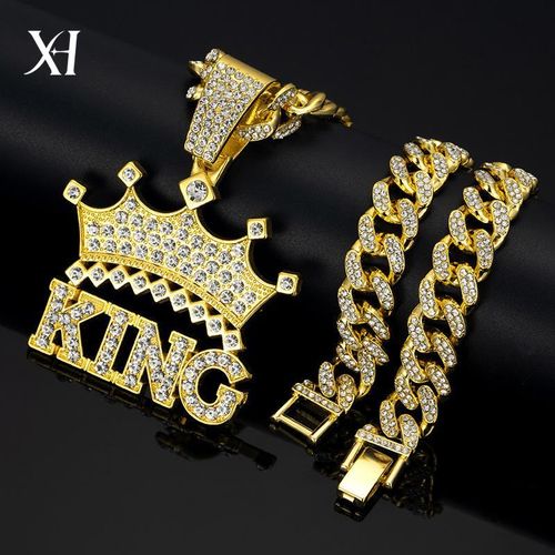 Men's Iced Out KING Crown Pendant with 60cm 13mm Gold Cuban Link Chain
