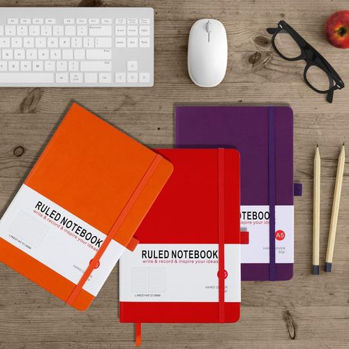 3 Pack Journal A5 Notebook 200 Pages 80 GSM with Lined Pages, Pen Loop and Expandable Paper Pocket (Red, Purple, Orange))