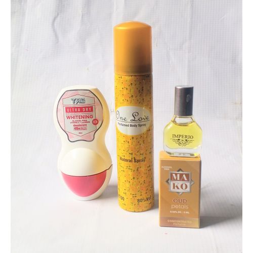 Perfume Gift Set Combo of 3 in 1 of Tag White Roll On 50ml, One Love Body Spray 100ml and Mako Yellow Oud Oil Perfume (Unisex Handy Pack), NAFDAC Number: Roll On: A2-105061, Spray: 02-5678, EDP: A2-105046