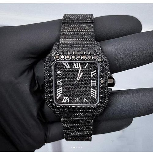 Super Sophisticated Ice BLACK STONE Wrist Watch with Ice Creasted Bracelet For Big Men/Ladies