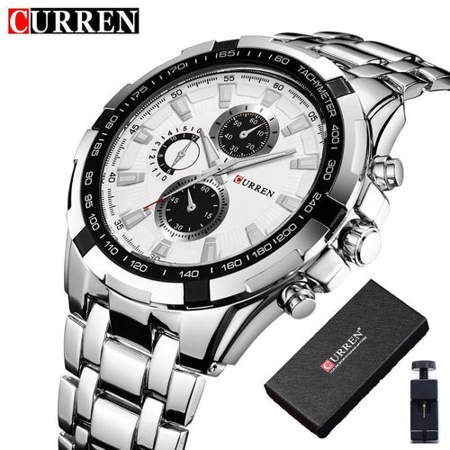 CURREN Men Chronograph Quartz Wrist Watch, Silver Case White Dial Stainless Steel Band, Male SportsBusiness Wristwatch with Gift Box & Watch Link Remover Tool