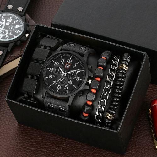 Men's Watch Versatile Business Belt Quartz Watch Bracelet Set - Black