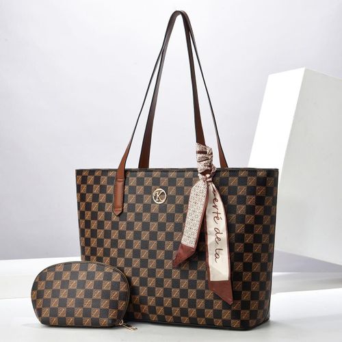 Luxury Checkered Tote Bag Set (2-in-1) – Brown Designer Shoulder Handbag with Matching Pouch