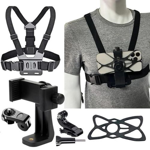 Adjustable Chest Strap Mount with Mobile Holder Clip & Screw Compatible with All Smartphones Body Belt Harness for GoPro Hero, SJCAM, Yi & Other Action Cameras Hands-Free Mount – Black