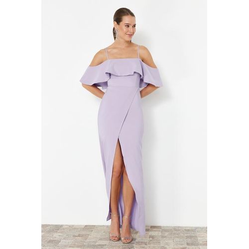 Lilac Flounced Woven Long Evening Dress