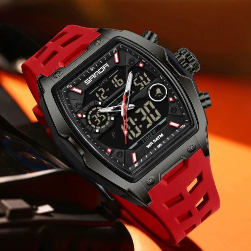 Highly Original Quality & Sophisticated Men's Red/Black Digital & Analog Alarm/Stopwatch Silicon Rubber Strap Wristwatch For Honourable Citizens