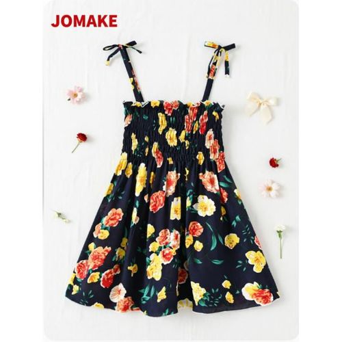 1-7 Years Girls' Strappy Dress，Black-backed flowers