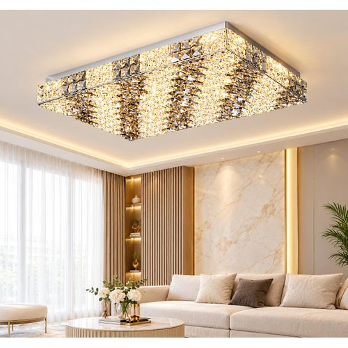 Modern Luxury Rectangular Crystal LED Ceiling Chandelier – Elegant Flush Mount Ceiling Light for Living Room, Bedroom, Dining Room and Office