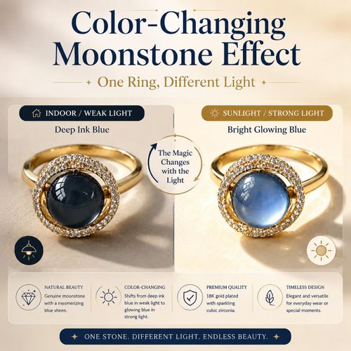 VERIDIAN Natural Moonstone Halo Ring for Women Adjustable 18K Gold Plated Vintage Statement Ring