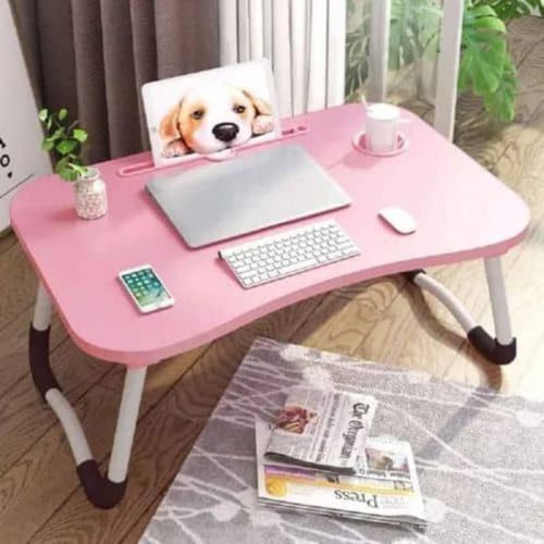 Portable Foldable Laptop Bed Desk with Cup Holder and Tablet Slot-Pink