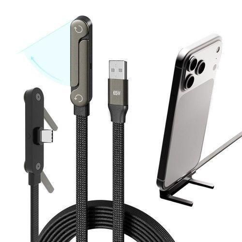 60W USB A to USB C Fast Charging Cable with 180° Rotatable Phone Stand, 1.5M Braided Elbow Data Cable
