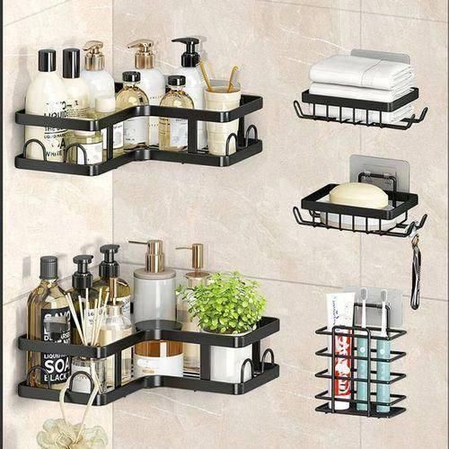 5-In-1 Stainless Steel Self-Adhesive Bathroom Shower Caddy & Organizer Set - Rustproof Black