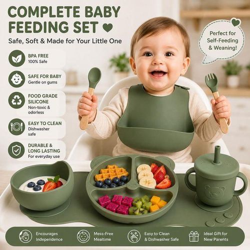 luxurious Baby Silicone Feeding with Set-Plates, Bib, Cup, Spoon, Fork