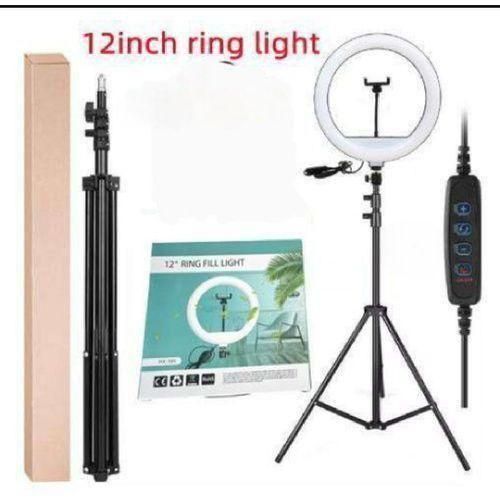 12-inch LED ring light with a tripod stand, used for improving lighting for photos and videos.