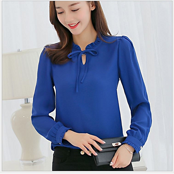 Fashion Formal Plain Sexy Long Sleeve Chiffon Shirt With Rope- Blue ...