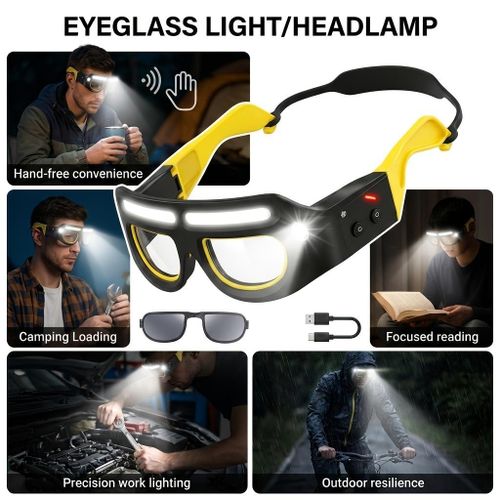 Rechargeable LED sensor-activated headlamp with sensor and touch functionality. This multi-functional headlamp features 5 modes and is suitable for camping, fishing, cycling, hiking, night work, and other activities.