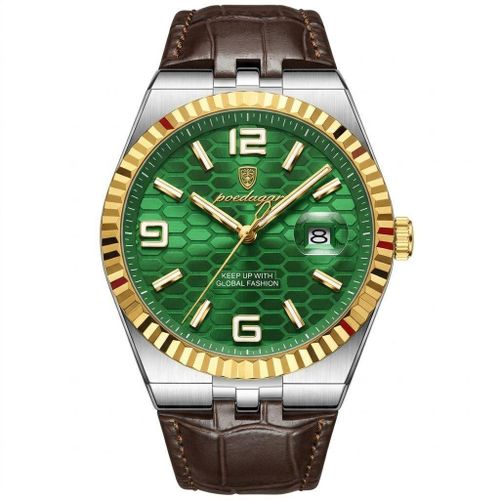 Men's Two-Tone Sport-Luxury Watch with Emerald Green Honeycomb Dial and Brown Leather Strap