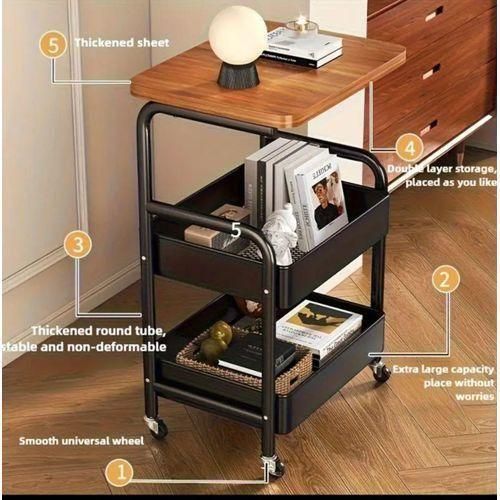 Wooden Multi-Purpose Steel Trolley Shelves - 2Layers Rolling Cart