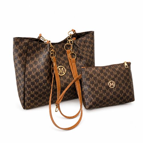 Women Coffee Brown PU Leather Tote Bag Large Capacity Handbag Letter Pattern Shoulder Bag For Work Shopping Casual Daily Use With Small Pouch
