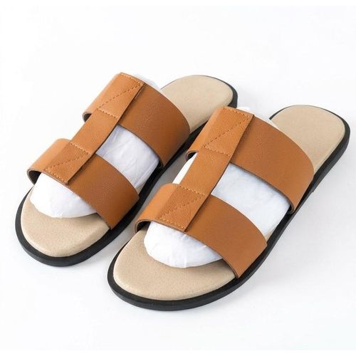 Men’s Leather Double-Strap Slide Sandals – Tan Brown