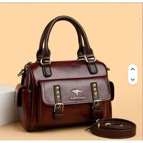Women’s and Ladies Genuine Leather Satchel Bag Classic Vintage Top Handle Handbag with Adjustable Crossbody Strap Elegant Shoulder Purse for Office Travel Shopping & Daily Use Vintage Top Handle Handbag with Front Buckle Design