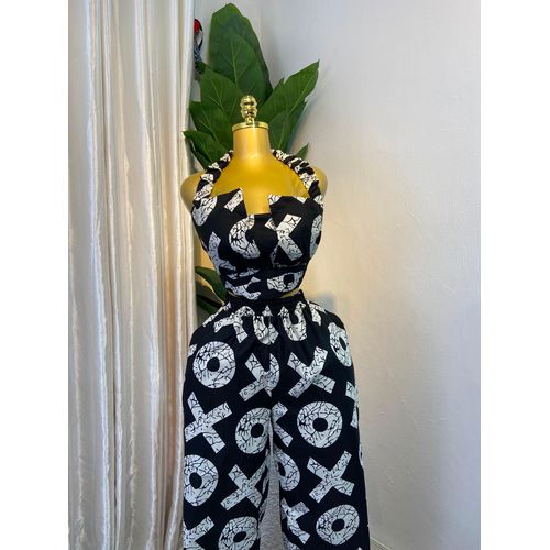 Women’s Ankara Two-Piece Set – Halter Crop Top & Wide-Leg Trousers
