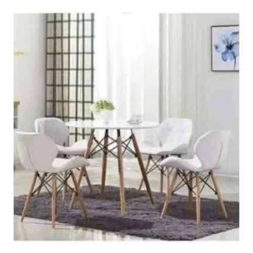 A&S Dinning Table With 4 Leather Dining Chairs With Wooden Leg - White