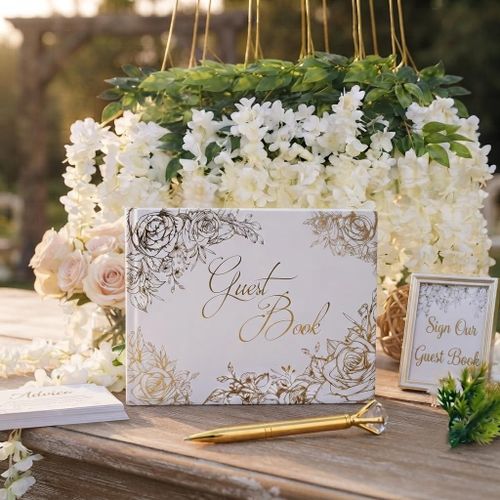 Guest Book and Pen Stand Set, Polaroid Sign in Book for Weddings, Parties, Baby Showers, Blank or Lined Pages (Romantic Garden Style, Freestyle Layout)