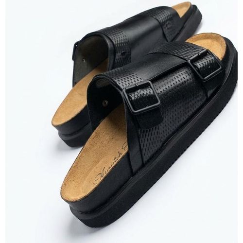 Men’s Black Leather Double-Sole Buckle-Strap Slides