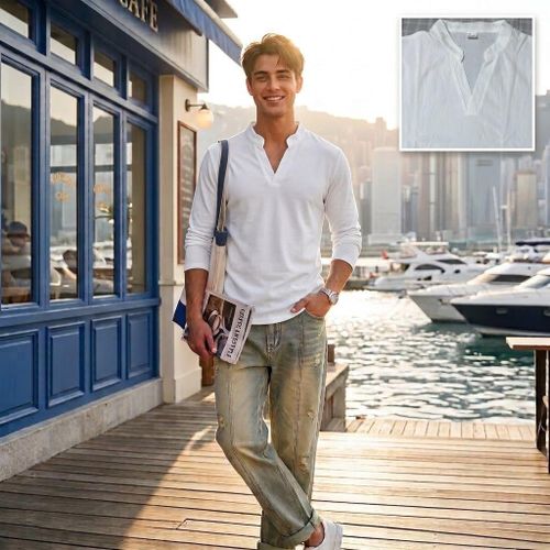 Men's Long Sleeve Notched V-Neck Shirt Casual Split Collar Pullover Curve Hem Textured Knit Basic Tee Top