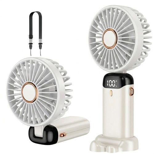 Portable Handheld Fan with LED Display, 90° Foldable, 5 Speed Wind,Hand Held/Neck/Desk 3 in 1 Personal Small Fans, Makeup Fans for Women