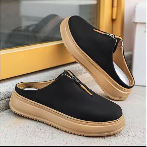 Men's Casual Slip-On Shoes with Front Zipper – Black & Khaki Sole – Everyday Footwear