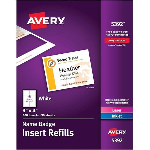 Avery Customizable Name Badge Inserts for Name Tag Holders 3 x 4 White LaserInkjet Printable 300 Total 5392