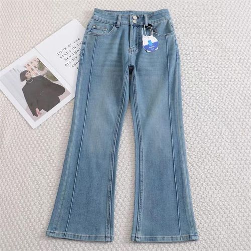 Women's High Waist Flare Jeans Double Button Stretch Bell Bottom Denim Pants - Light Blue