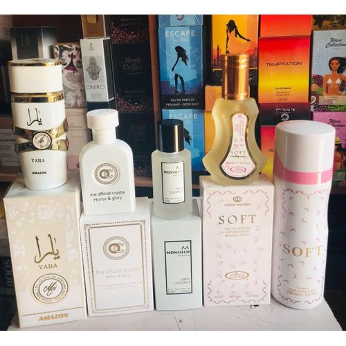 Yara 50ml & Monsieur Dirty Coconut 39ml & Soft 30ml & Soft Body Spray 200ml & Honor And Glory 35ml