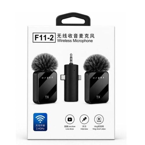 F11-2 Dual Wireless Microphone System- Compact Lavalier Mic For Live Show, Interviews and Vlog. Noise Cancellation, 3 in 1 Receiver for iPhone, Type-C and Camera