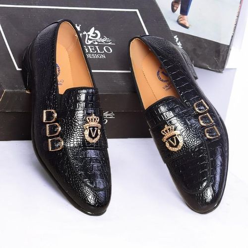 Men's Black Croc-Embossed Triple Buckle Loafers – Gold Crown Crest Formal Slip-On Shoes