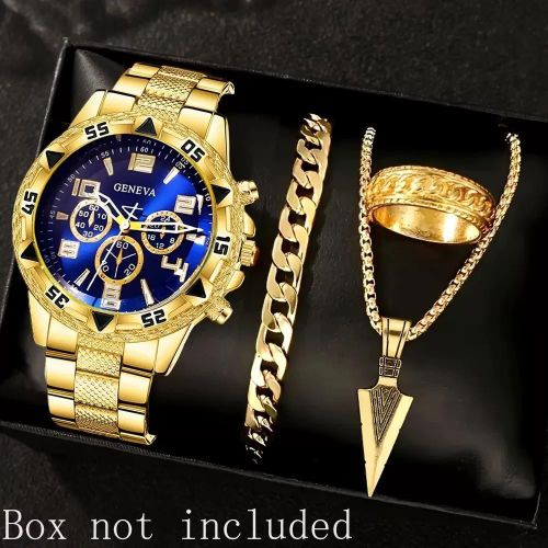 4PCS Men's Luxury Gold Watch Jewelry Set - Blue Dial Quartz Wrist Watch + Cuban Bracelet + Arrow Necklace + Ring, Business Casual Accessories for Men