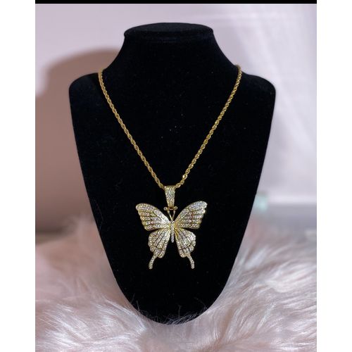Exotic Sophisticated Diamond Iced Gold Necklace + Butterfly Pendant