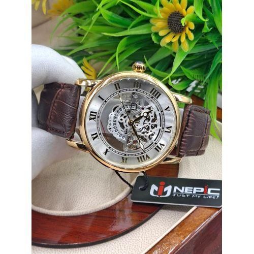 Original Quality No Fading Skeleton Brown Leather Designer Wristwatch