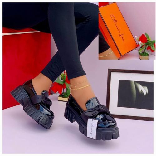 Ladies Platform Bow-Tie Loafers Big Sole Shoe-Black
