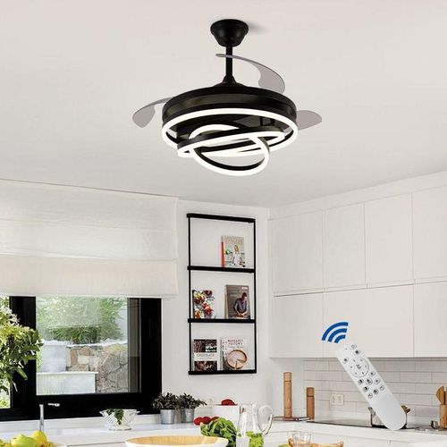 Modern Matte Black Interlocking Ring LED Ceiling Fan Chandelier with Retractable Invisible Blades