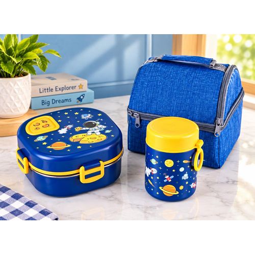 food/lunch box, water bottle and lunch bag