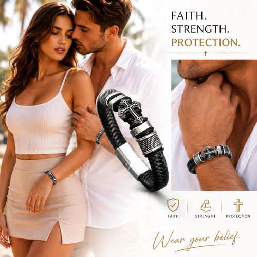 PREMIUM unisex Black Leather Cross Bracelet Stainless Steel Magnetic Christian Faith Bracelets for men Adjustable Braided Leather Wristband Cuff bracelets for ladies bangles for Men and Women Gift for Husband Boyfriend Dad couple Unisex Casual Bangle