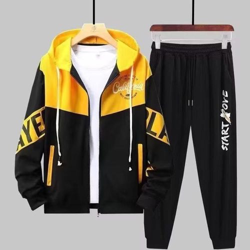Men's black and yellow hooded tracksuit, casual two-piece set, fleece-lined sweatshirt set