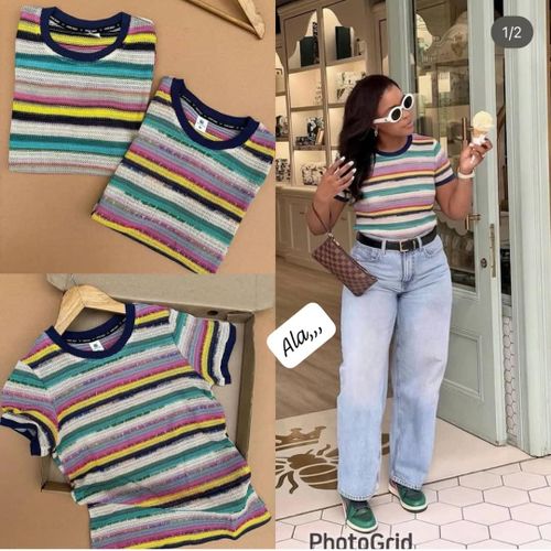 Women Multicolor Striped Knit T-shirt Short Sleeve Round Neck Casual Top