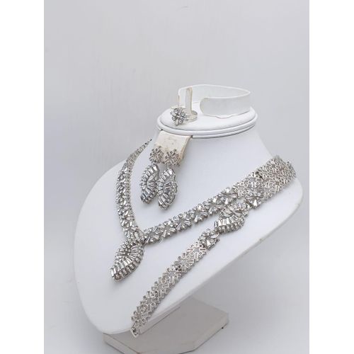 Luxury Iced Out 4-in-1 Women’s Jewelry Set - Sparkling Cubic Zirconia Statement Necklace, Bracelet, Ring & Drop Earrings - Bling Diamond Style Jewelry Gift for Ladies