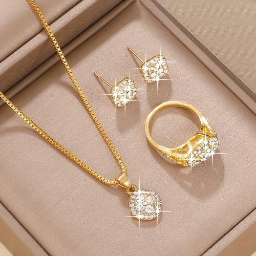 4PCS Women's Square Jewelry Set - Minimalist Style, Glass Inlay, Alloy Base, Suitable for Everyday Wear, Perfect for Teacher's Day/Back to School/Graduation Season