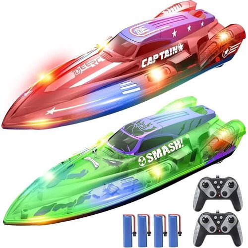 DEERC 2 Pack 13 inch Remote Control Boat for Kids, 4 Batteries, 2.4Ghz RC Racing Boat with LED Lights for Pools and Lakes, Summer Water Toy Gift for Boys 8-12