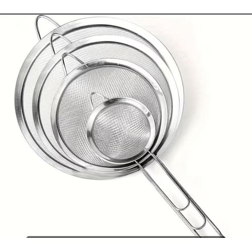 4pcs Stainless Steel Flour Sifter Set with Handle, Includes Mesh Sieves for Filtering Tea Leaves, Washing Beans, and Straining Oils. Available in Four Sizes, Reusable and Durable, a Practical Household Kitchen Tool for Baking Supplies